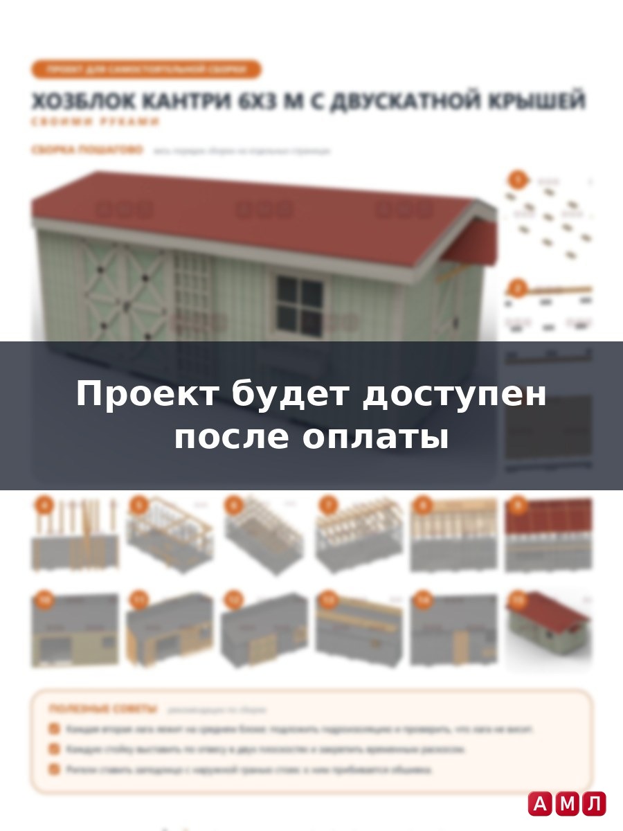 Премиум проект чертеж Хозблок 6x3 м в стиле кантри с двускатной крышей, двустворчатыми воротами построить чертёж