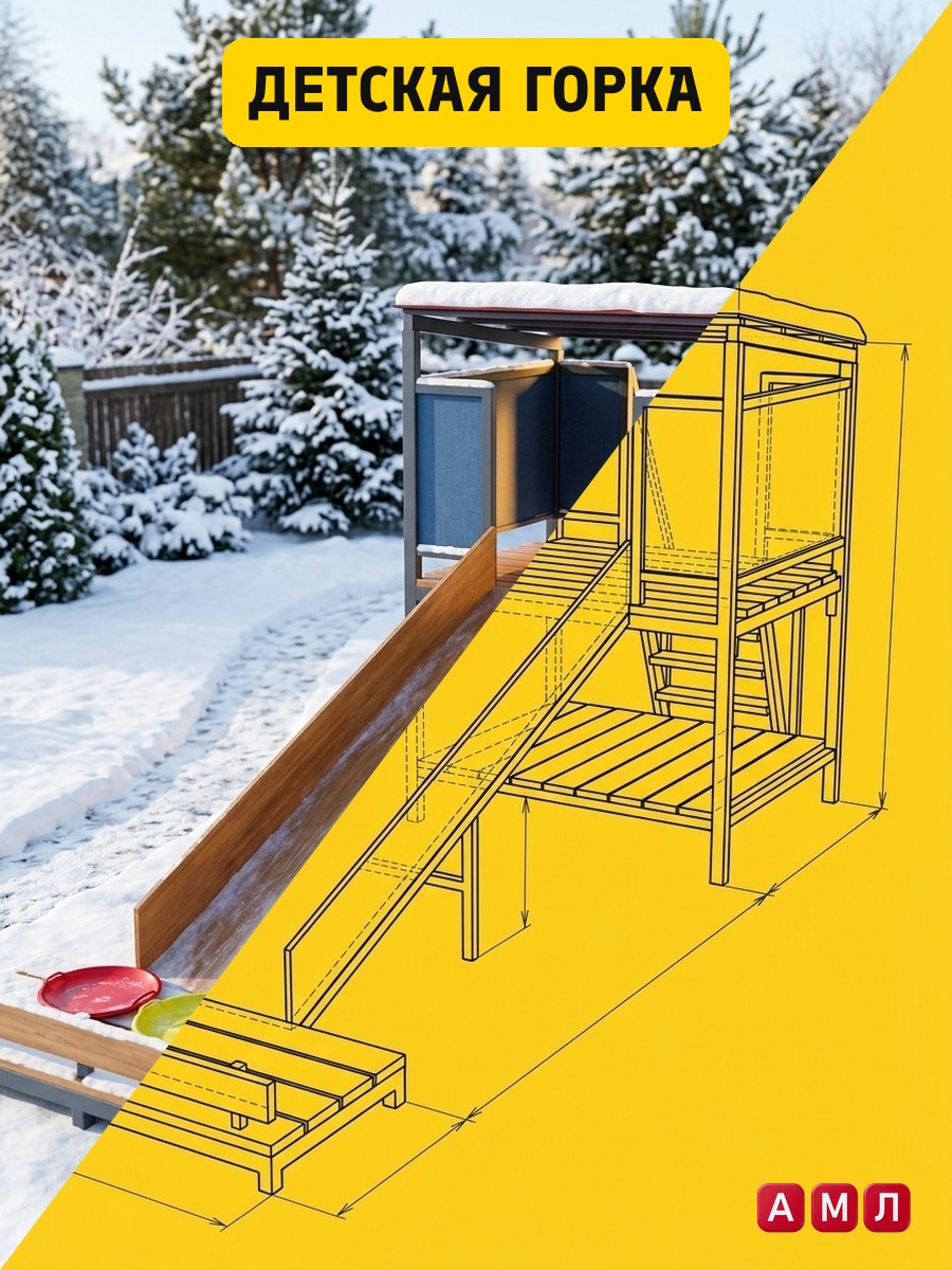 Проект чертеж Горка снежная на металлокаркасе 4.5 метра с навесом построить чертёж