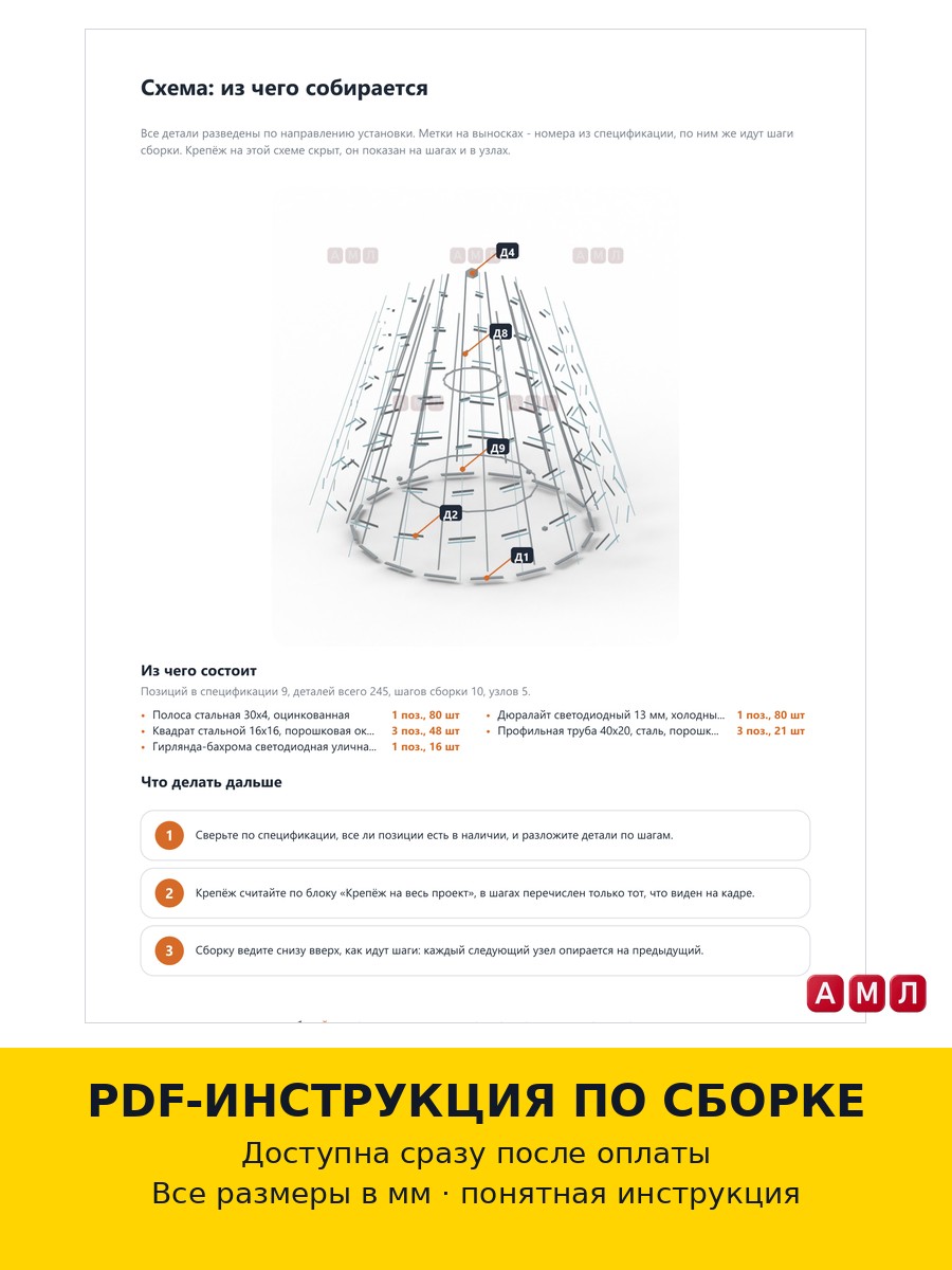 Проект чертеж Новогодняя елка из металла, каркас чертёж