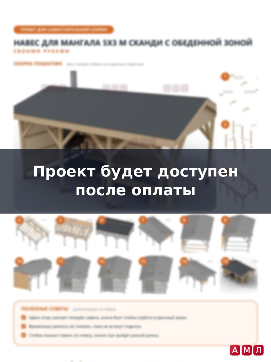 Премиум проект чертеж Навес для мангала 5x3 м сканди из бруса с двускатной кровлей, реечными экранами и обеденной зоной построить чертёж