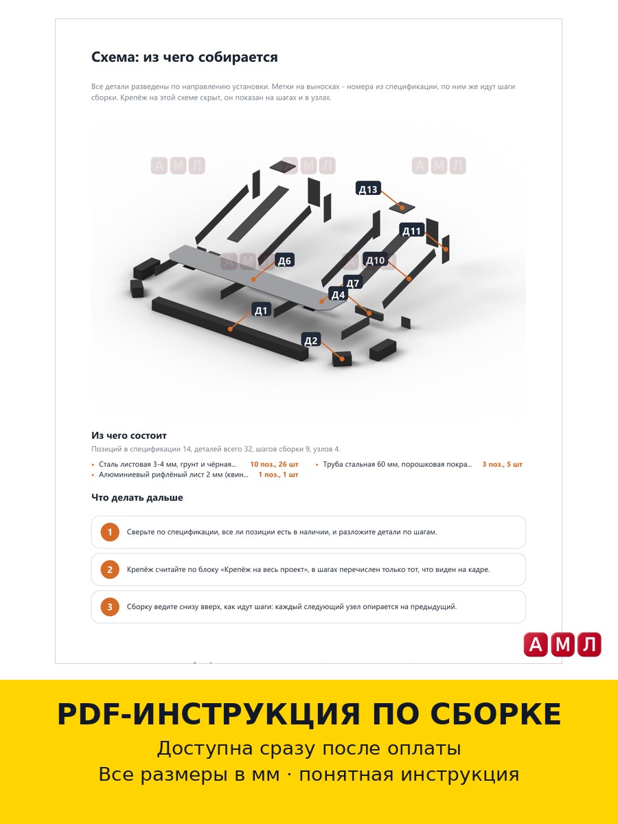 Проект чертеж Силовые пороги подножки плоские на УАЗ Фермер чертёж