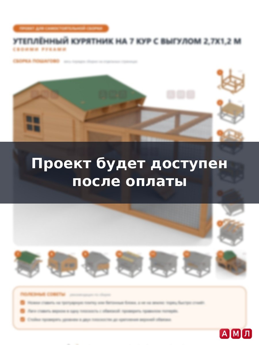 Премиум проект чертеж Утепленный курятник на 7 кур с выгулом 2.7х1.2 метра построить чертёж